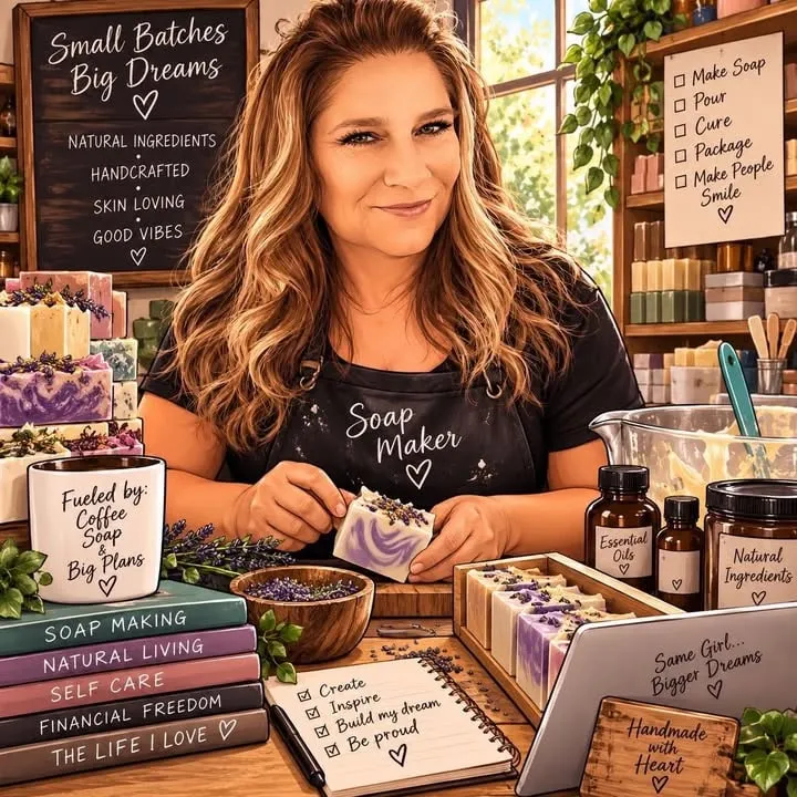 Katrinia pictured holding handmade soap at her workbench.