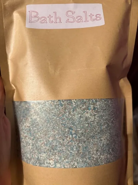 A kraft bag with a handwritten Bath Salts label.